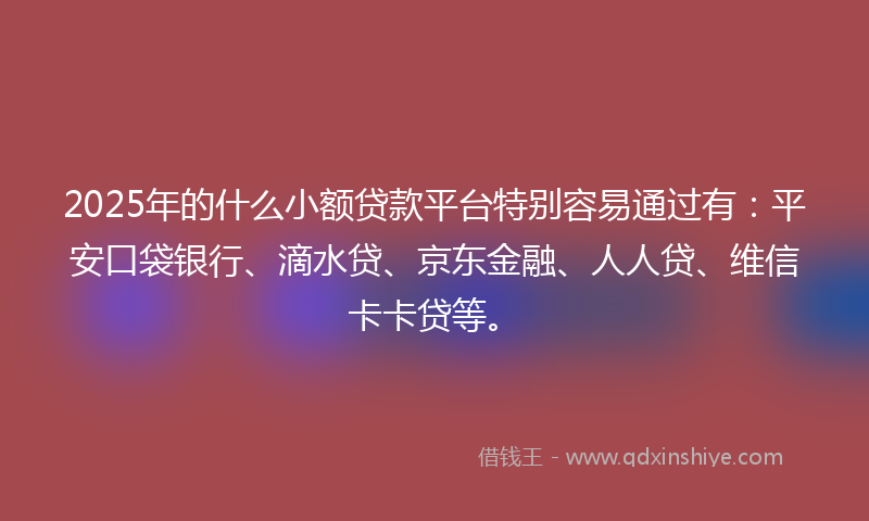 2025年的什么小额贷款平台特别容易通过有：平安口袋银行、滴水贷、京东金融、人人贷、维信卡卡贷等。