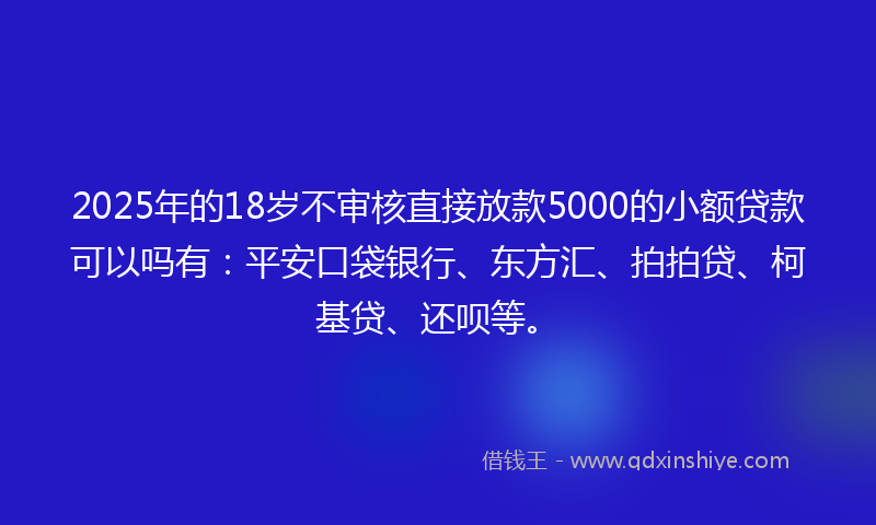 2025年的18岁不审核直接放款5000的小额贷款可以吗有：平安口袋银行、东方汇、拍拍贷、柯基贷、还呗等。