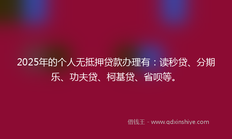 2025年的个人无抵押贷款办理有：读秒贷、分期乐、功夫贷、柯基贷、省呗等。