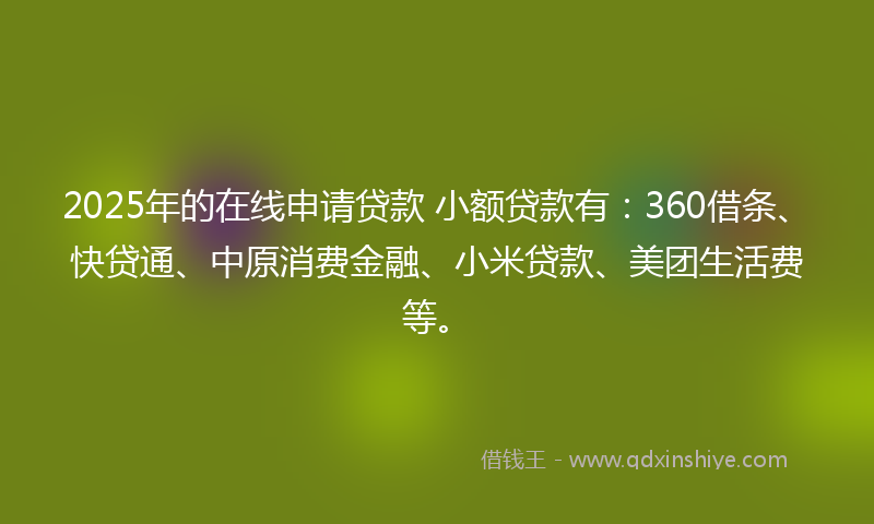 2025年的在线申请贷款 小额贷款有：360借条、快贷通、中原消费金融、小米贷款、美团生活费等。