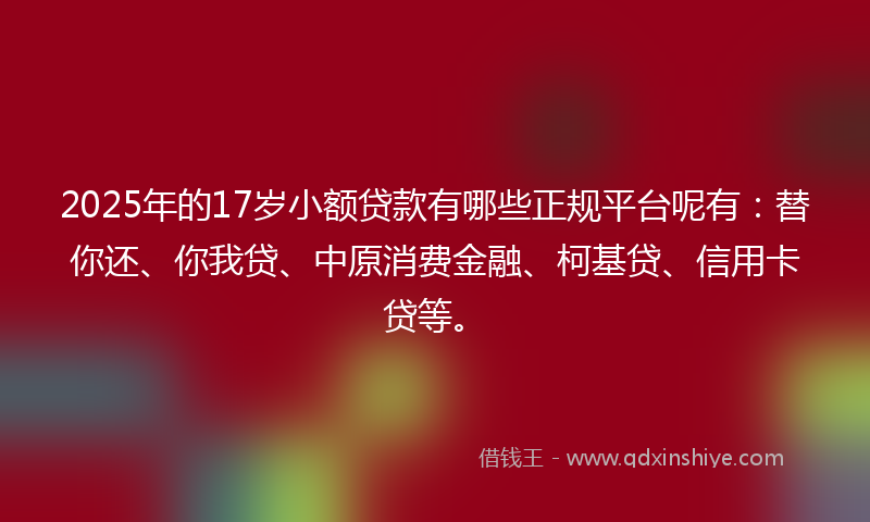 2025年的17岁小额贷款有哪些正规平台呢有：替你还、你我贷、中原消费金融、柯基贷、信用卡贷等。
