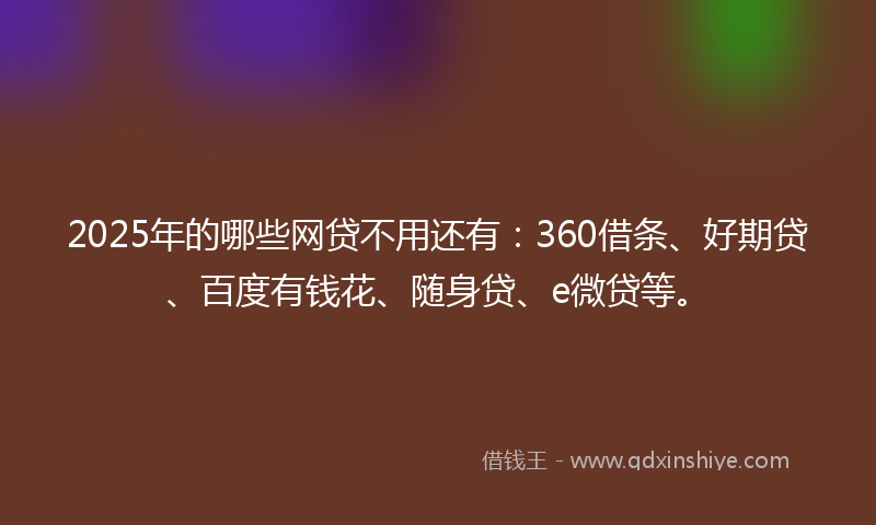 2025年的哪些网贷不用还有：360借条、好期贷、百度有钱花、随身贷、e微贷等。