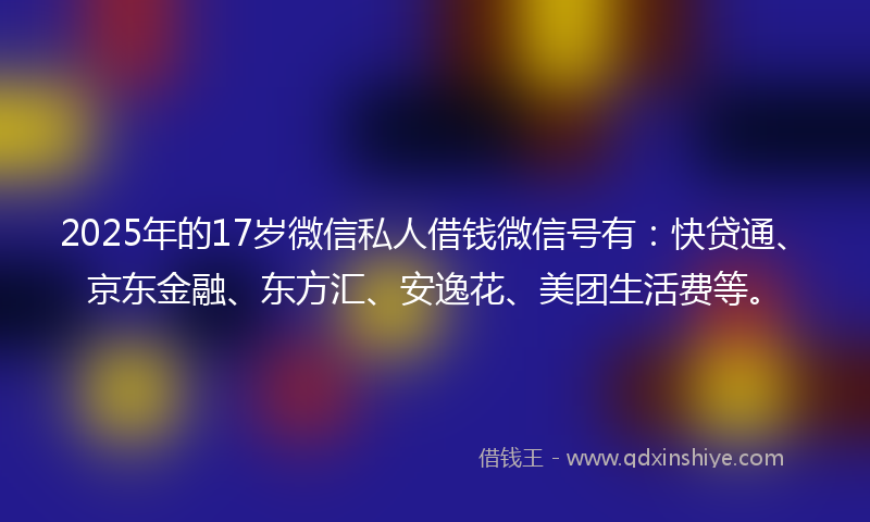 2025年的17岁微信私人借钱微信号有：快贷通、京东金融、东方汇、安逸花、美团生活费等。