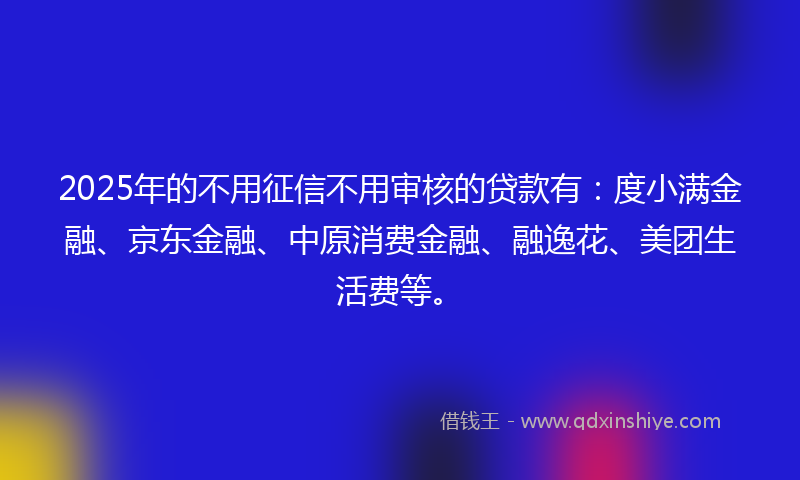 2025年的不用征信不用审核的贷款有：度小满金融、京东金融、中原消费金融、融逸花、美团生活费等。