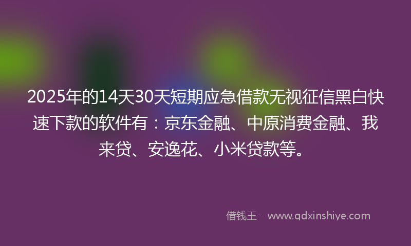 2025年的14天30天短期应急借款无视征信黑白快速下款的软件有：京东金融、中原消费金融、我来贷、安逸花、小米贷款等。