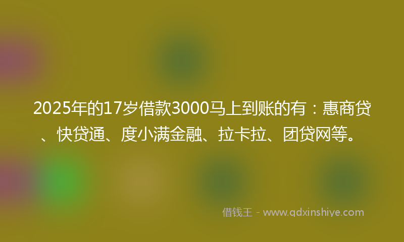 2025年的17岁借款3000马上到账的有：惠商贷、快贷通、度小满金融、拉卡拉、团贷网等。