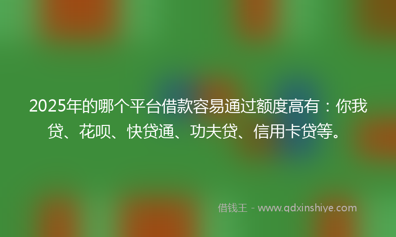 2025年的哪个平台借款容易通过额度高有：你我贷、花呗、快贷通、功夫贷、信用卡贷等。