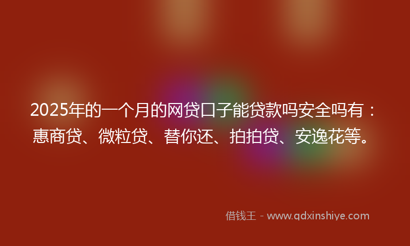 2025年的一个月的网贷口子能贷款吗安全吗有：惠商贷、微粒贷、替你还、拍拍贷、安逸花等。