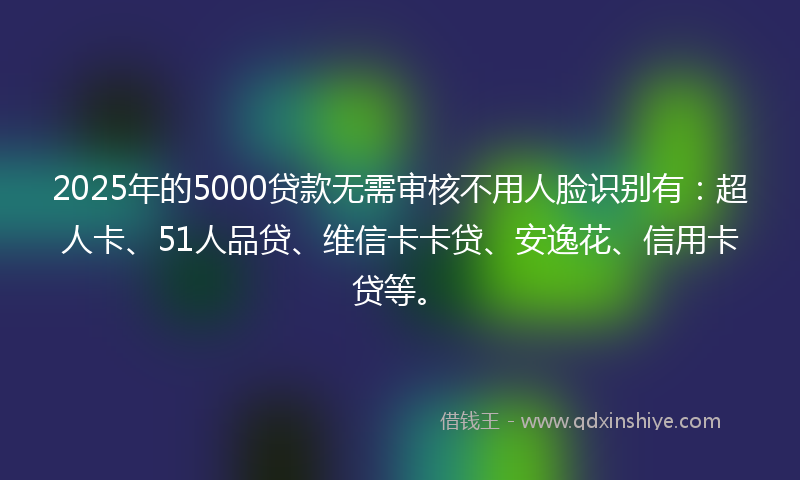 2025年的5000贷款无需审核不用人脸识别有：超人卡、51人品贷、维信卡卡贷、安逸花、信用卡贷等。