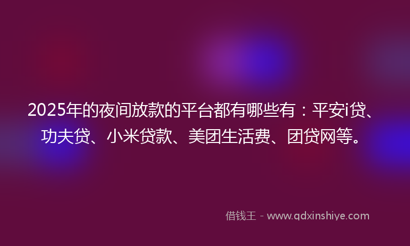 2025年的夜间放款的平台都有哪些有：平安i贷、功夫贷、小米贷款、美团生活费、团贷网等。