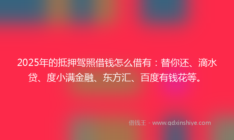 2025年的抵押驾照借钱怎么借有：替你还、滴水贷、度小满金融、东方汇、百度有钱花等。
