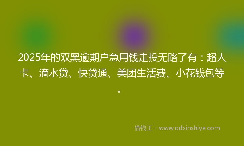 2025年的双黑逾期户急用钱走投无路了有：超人卡、滴水贷、快贷通、美团生活费、小花钱包等。