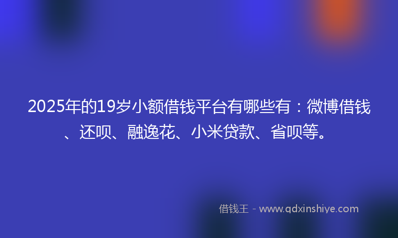 2025年的19岁小额借钱平台有哪些有：微博借钱、还呗、融逸花、小米贷款、省呗等。