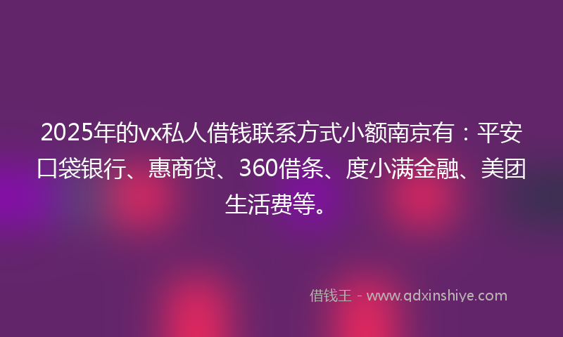2025年的vx私人借钱联系方式小额南京有：平安口袋银行、惠商贷、360借条、度小满金融、美团生活费等。