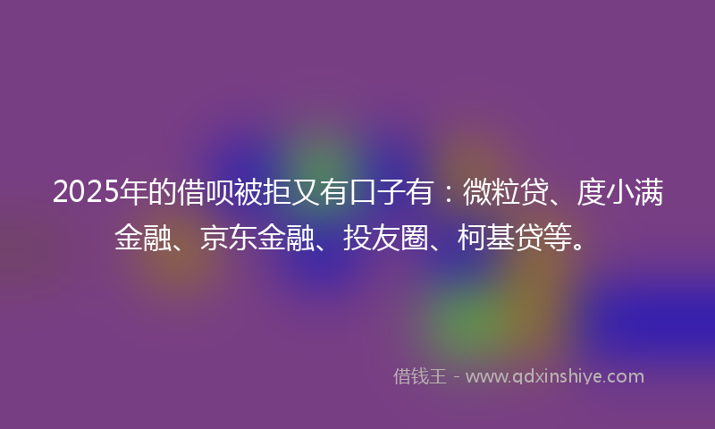 2025年的借呗被拒又有口子有：微粒贷、度小满金融、京东金融、投友圈、柯基贷等。