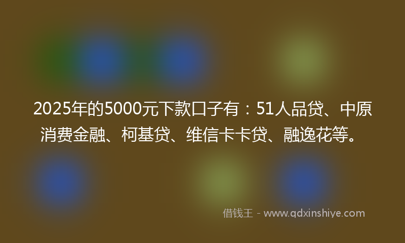 2025年的5000元下款口子有：51人品贷、中原消费金融、柯基贷、维信卡卡贷、融逸花等。