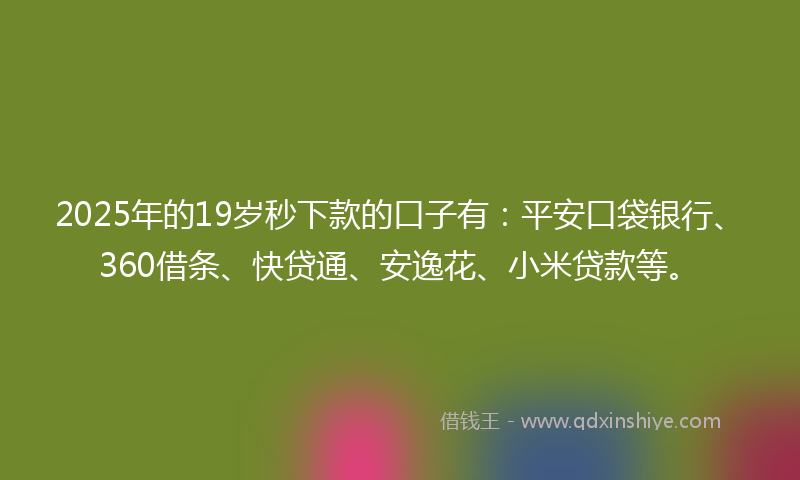 2025年的19岁秒下款的口子有：平安口袋银行、360借条、快贷通、安逸花、小米贷款等。