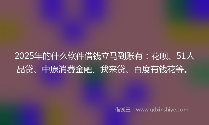 2025年的什么软件借钱立马到账有：花呗、51人品贷、中原消费金融、我来贷、百度有钱花等。