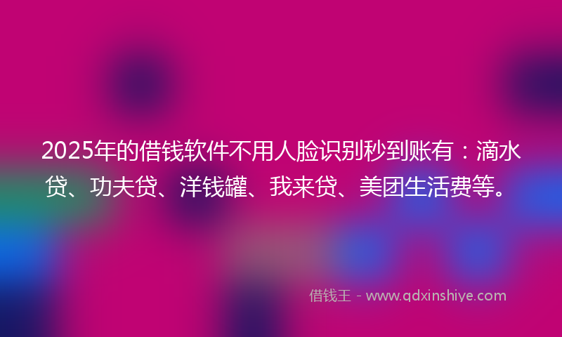 2025年的借钱软件不用人脸识别秒到账有：滴水贷、功夫贷、洋钱罐、我来贷、美团生活费等。