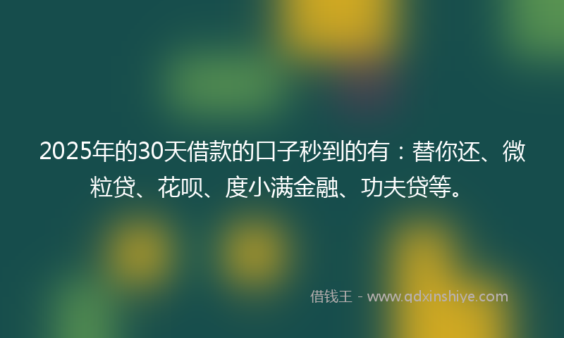 2025年的30天借款的口子秒到的有：替你还、微粒贷、花呗、度小满金融、功夫贷等。