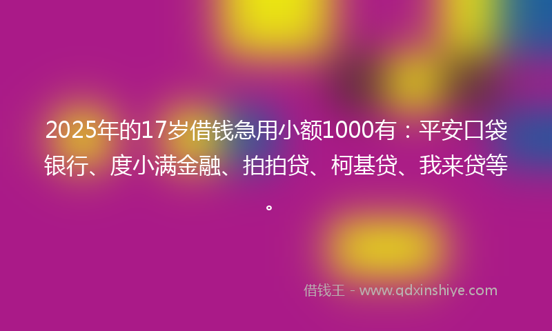 2025年的17岁借钱急用小额1000有：平安口袋银行、度小满金融、拍拍贷、柯基贷、我来贷等。