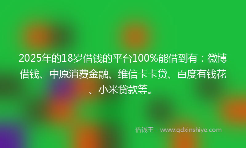 2025年的18岁借钱的平台100%能借到有：微博借钱、中原消费金融、维信卡卡贷、百度有钱花、小米贷款等。