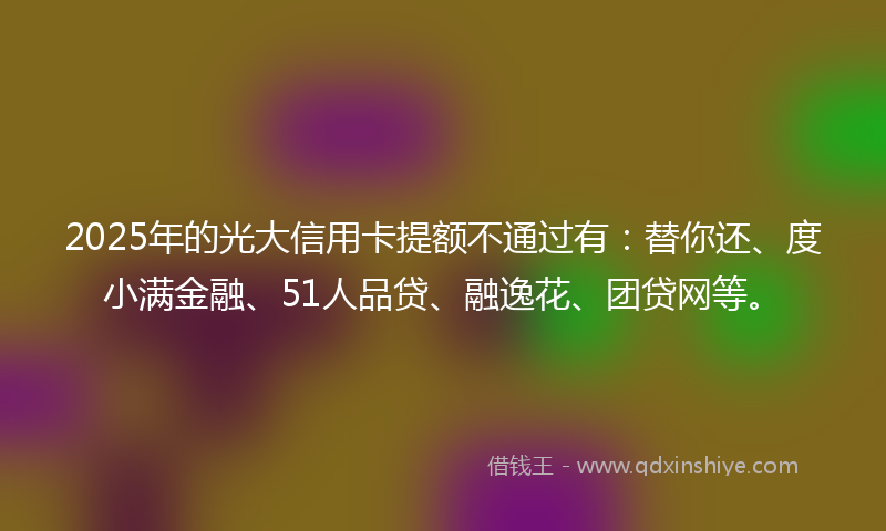 2025年的光大信用卡提额不通过有：替你还、度小满金融、51人品贷、融逸花、团贷网等。