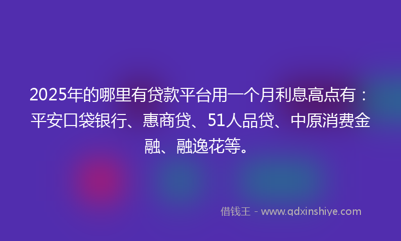 2025年的哪里有贷款平台用一个月利息高点有：平安口袋银行、惠商贷、51人品贷、中原消费金融、融逸花等。