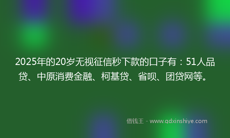 2025年的20岁无视征信秒下款的口子有：51人品贷、中原消费金融、柯基贷、省呗、团贷网等。