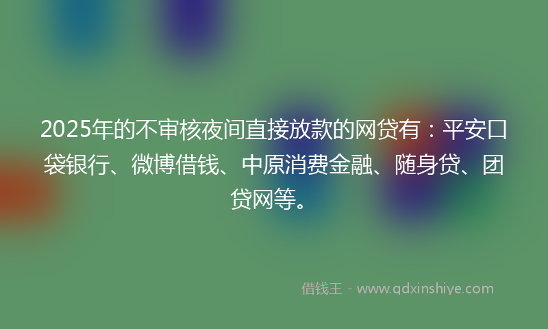 2025年的不审核夜间直接放款的网贷有：平安口袋银行、微博借钱、中原消费金融、随身贷、团贷网等。