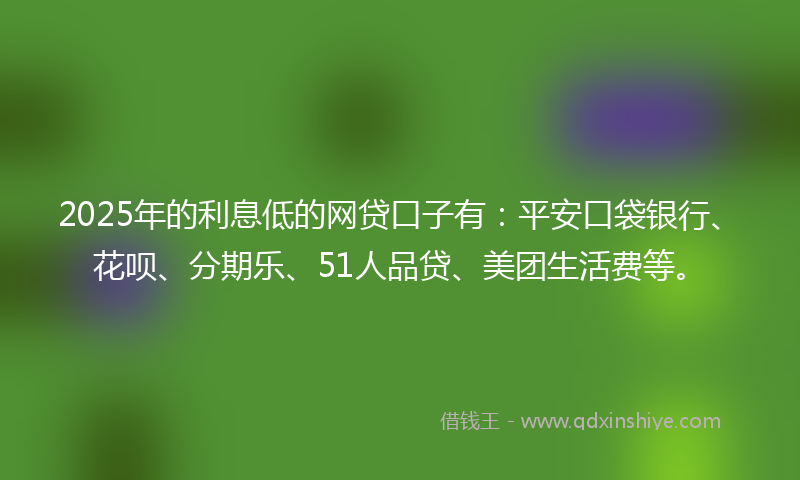 2025年的利息低的网贷口子有：平安口袋银行、花呗、分期乐、51人品贷、美团生活费等。