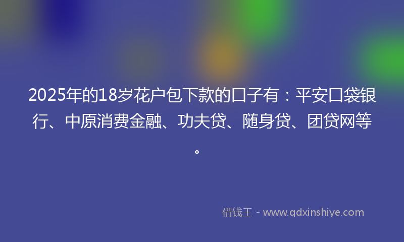 2025年的18岁花户包下款的口子有：平安口袋银行、中原消费金融、功夫贷、随身贷、团贷网等。