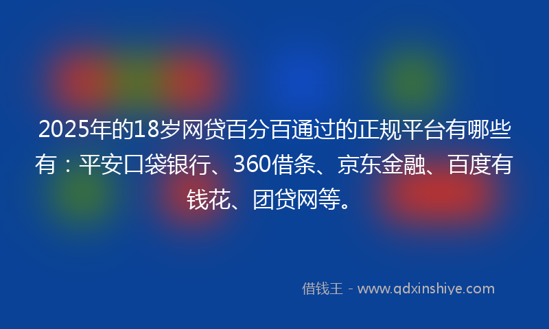 2025年的18岁网贷百分百通过的正规平台有哪些有：平安口袋银行、360借条、京东金融、百度有钱花、团贷网等。
