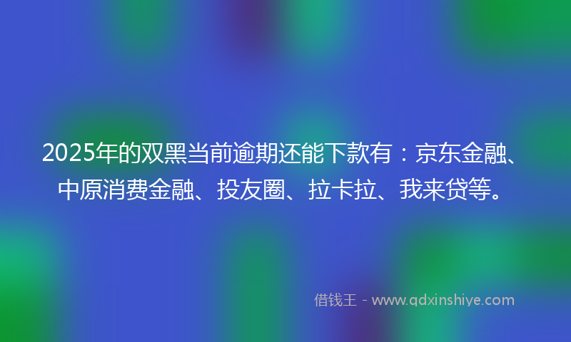 2025年的双黑当前逾期还能下款有：京东金融、中原消费金融、投友圈、拉卡拉、我来贷等。
