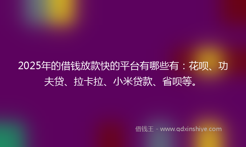 2025年的借钱放款快的平台有哪些有：花呗、功夫贷、拉卡拉、小米贷款、省呗等。