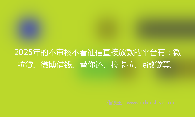 2025年的不审核不看征信直接放款的平台有：微粒贷、微博借钱、替你还、拉卡拉、e微贷等。