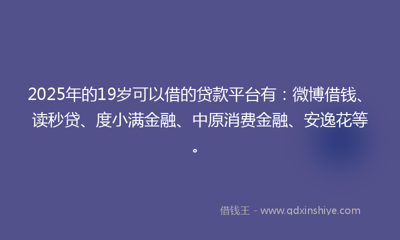 2025年的19岁可以借的贷款平台有：微博借钱、读秒贷、度小满金融、中原消费金融、安逸花等。