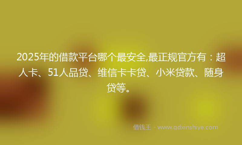 2025年的借款平台哪个最安全,最正规官方有：超人卡、51人品贷、维信卡卡贷、小米贷款、随身贷等。