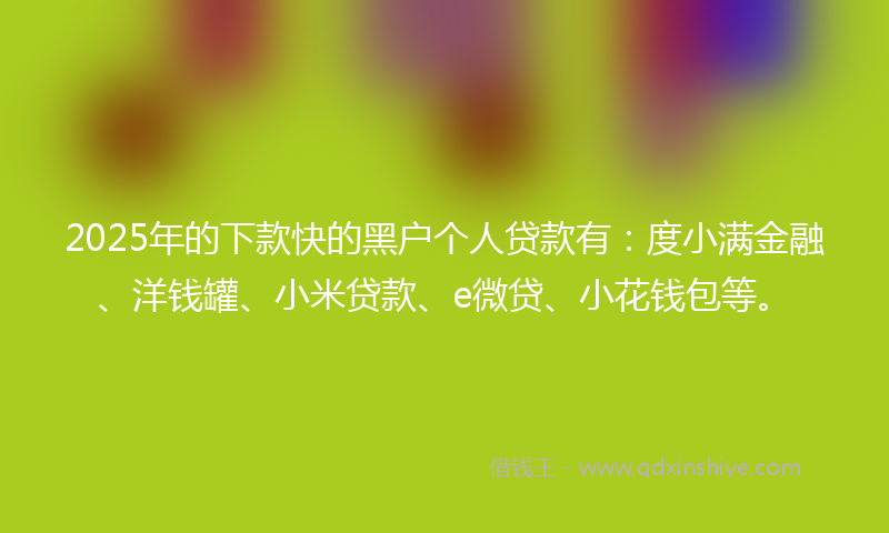 2025年的下款快的黑户个人贷款有：度小满金融、洋钱罐、小米贷款、e微贷、小花钱包等。