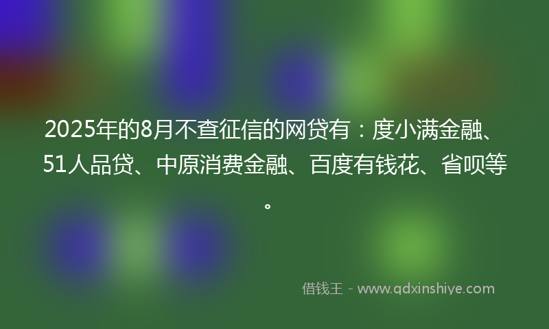 2025年的8月不查征信的网贷有：度小满金融、51人品贷、中原消费金融、百度有钱花、省呗等。