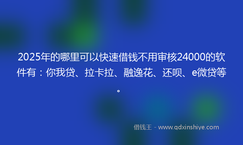 2025年的哪里可以快速借钱不用审核24000的软件有：你我贷、拉卡拉、融逸花、还呗、e微贷等。
