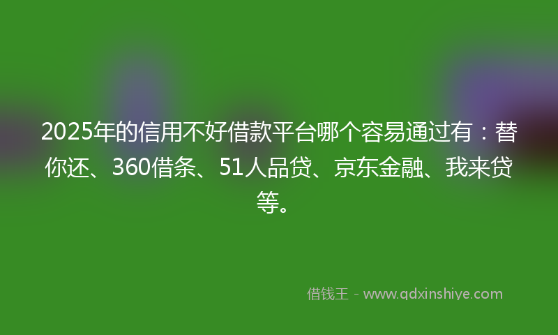 2025年的信用不好借款平台哪个容易通过有：替你还、360借条、51人品贷、京东金融、我来贷等。