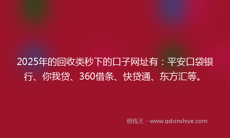 2025年的回收类秒下的口子网址有：平安口袋银行、你我贷、360借条、快贷通、东方汇等。