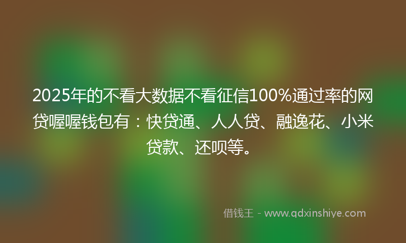 2025年的不看大数据不看征信100%通过率的网贷喔喔钱包有：快贷通、人人贷、融逸花、小米贷款、还呗等。