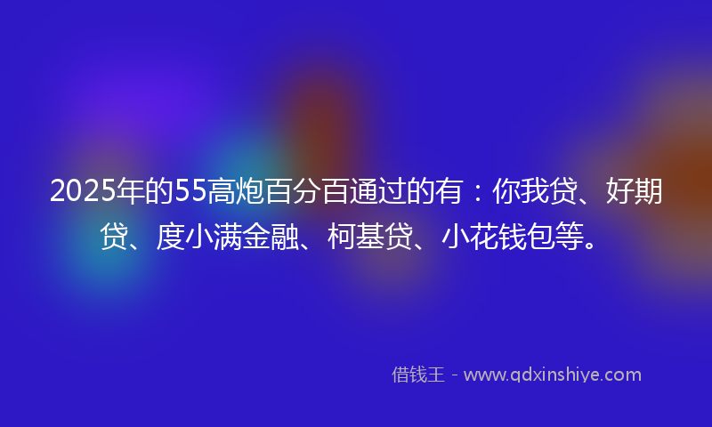 2025年的55高炮百分百通过的有：你我贷、好期贷、度小满金融、柯基贷、小花钱包等。