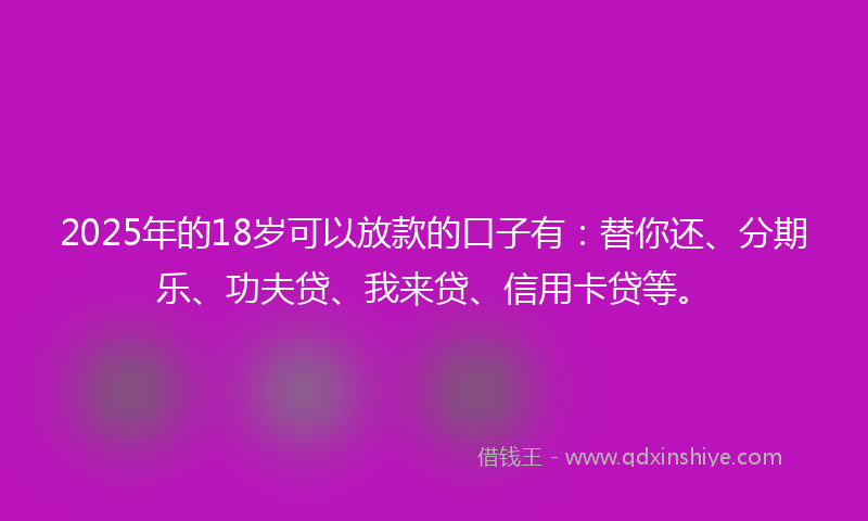2025年的18岁可以放款的口子有：替你还、分期乐、功夫贷、我来贷、信用卡贷等。