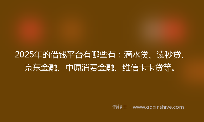 2025年的借钱平台有哪些有：滴水贷、读秒贷、京东金融、中原消费金融、维信卡卡贷等。