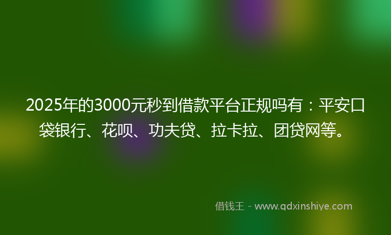 2025年的3000元秒到借款平台正规吗有：平安口袋银行、花呗、功夫贷、拉卡拉、团贷网等。