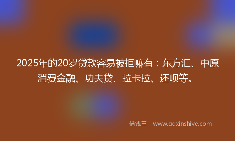 2025年的20岁贷款容易被拒嘛有：东方汇、中原消费金融、功夫贷、拉卡拉、还呗等。