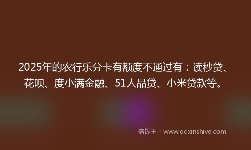 2025年的农行乐分卡有额度不通过有：读秒贷、花呗、度小满金融、51人品贷、小米贷款等。